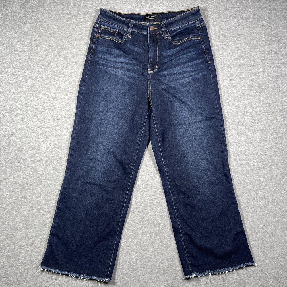 Judy Blue Jeans Womens 7/28 Blue Wide Leg High Rise Frayed Hem Stretch Denim